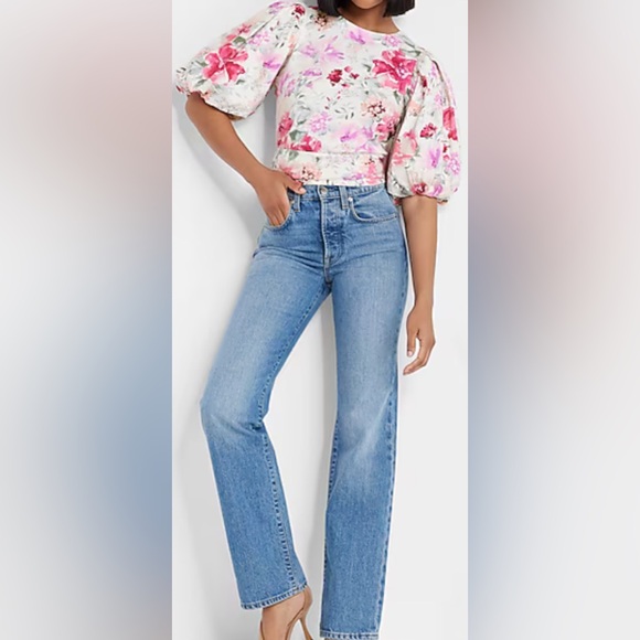 Express Tops - Express Pink Floral Top Puff Sleeve Faux Wrap Cotton Tie Back Banded Waist S